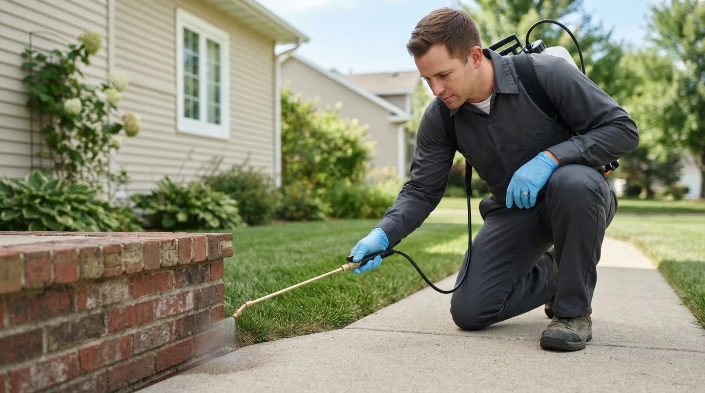 Pest control technician treating a home near Hastings, IA