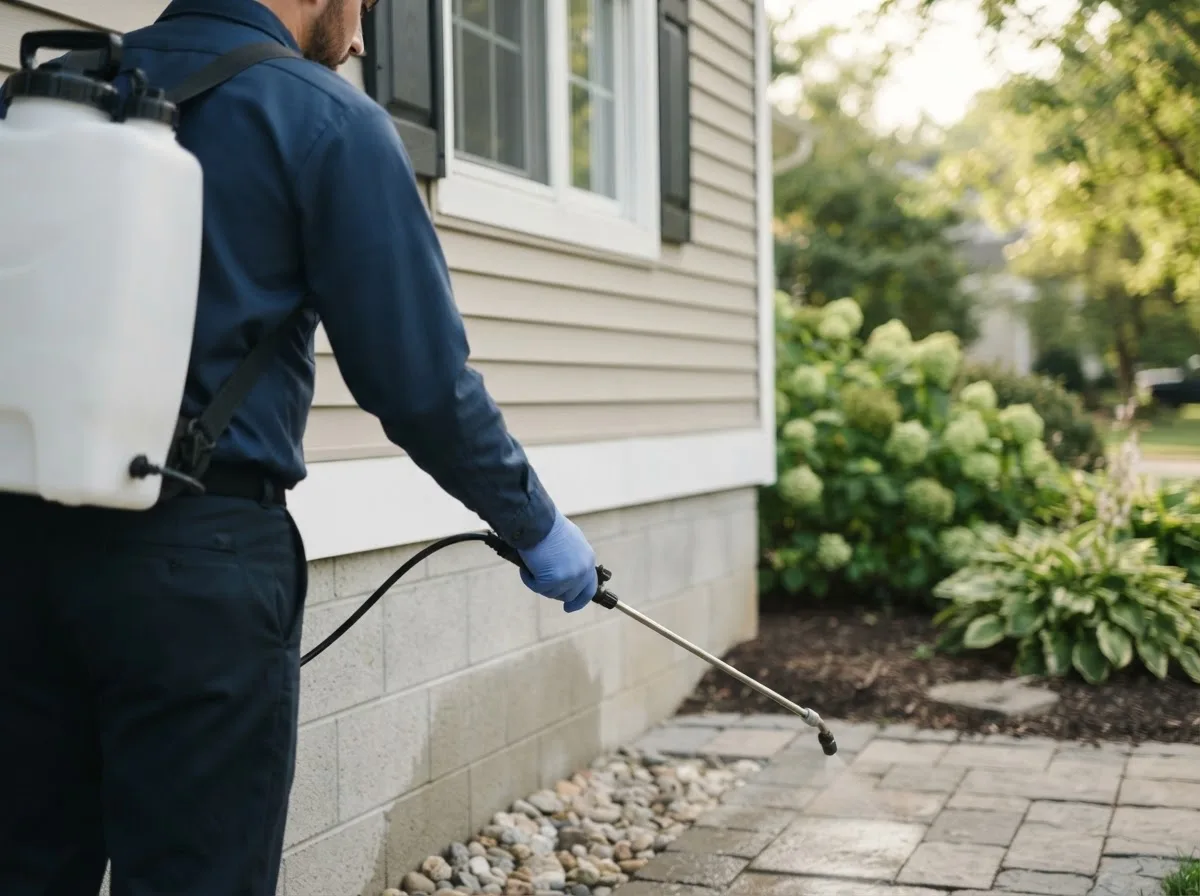 Pest control technician inspecting a home in Hastings, IA